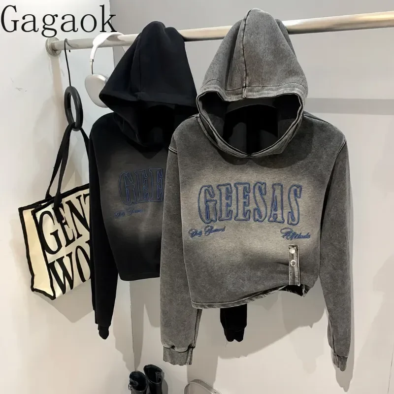 Gagaok Hooded Sweatshirts Streetwear Women Contrast Color Letter Printed Short Hoodies Casual Fashion Buttons Sweatshirt Top