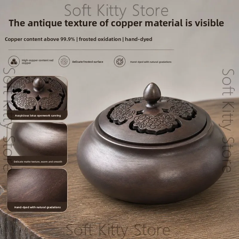 Real copper incense burner Home retro aromatherapy burner High-end small incense burner Red copper plate tea room