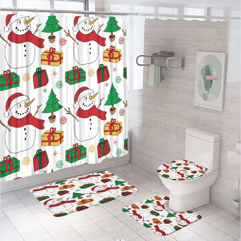 

Christmas Shower Curtain Sets with Non-Slip Rug Toilet Cover Bath Mat Snowman Xmas Tree Santa Elk Gifts Bathroom Decor Curtains