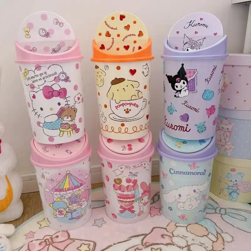 Sanrio Kawaii Hello Kitty Trash Can My Melody Cinnamoroll Anime Cartoon Fashion Household Bedroom Bathroom Paper Basket with Lid