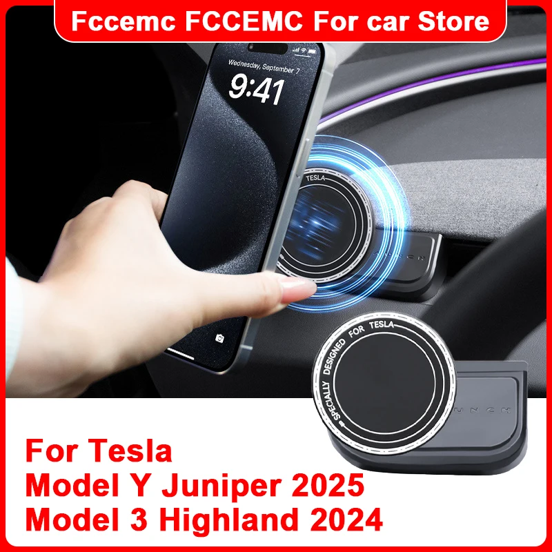 

Car Phone Holder For Tesla Model Y Juniper 2025 Model 3 Highland 2024 Traceless Magnetic mobile Phone Bracket Accessories