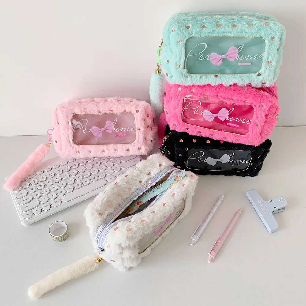 Ins Simple Bow Pen Bag Korean Edition Plush Large Capacity Stationery Storage Bag Student DIY Material Storage Bag