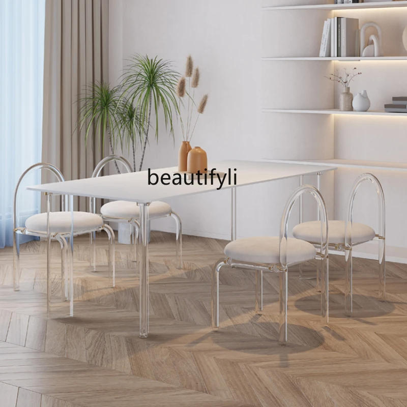 

Cream Style Suspended Dining Table Pure White Stone Plate Matte Surface Rectangular Household Acrylic Table