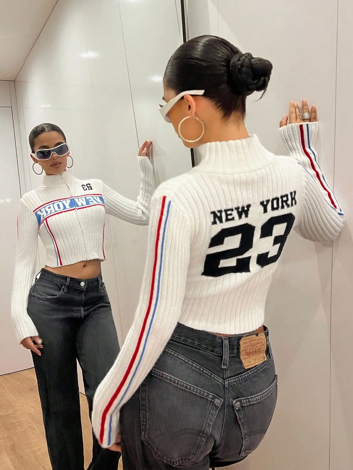 

Женский укороченный свитер в рубчик с буквенным принтом New York 23, воротник-стойка на молнии, осенний топ в стиле Y2K