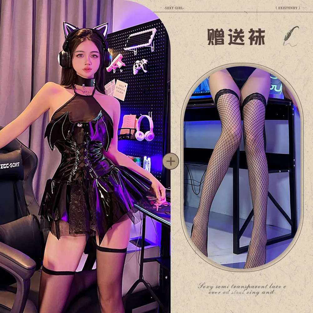 Ye Ting Xiang sexy lingerie tight patent leather devil temptation pu suit role play free uniform