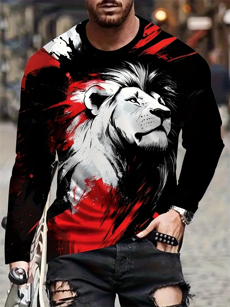 A Powerful King And Lion 3D Printed Men's Casual Round-neck Top, An Urban Street Fashion Men's Autumn T-shirt, Simple And Casual