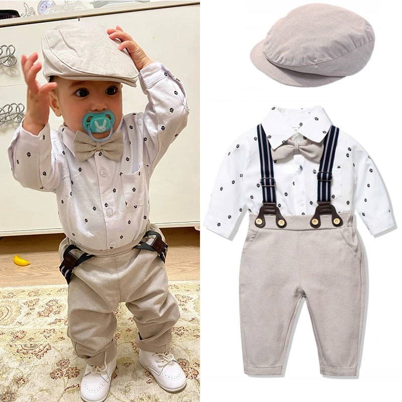 

Romper Clothes Set for Baby Boy Bow Hat Gentleman Suit Infant Baby Bodysuit Clothes for Newborn Babies Belt Pants Toddler Set