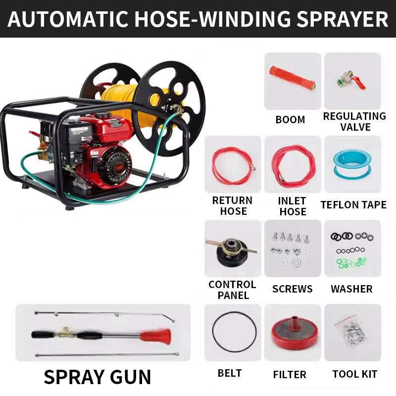 High-pressure agricultural sprayer with automatic hose reel, featuring a 50-meter or 100-meter hose, and a high-powered four-str