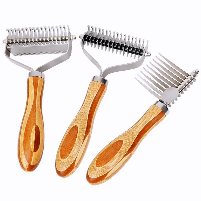 الكلب مشط سكين فرشاة للكلاب الخيزران على الوجهين القط مشط الفولاذ المقاوم للصدأ مزيل شعر الحيوانات الأليفة خشب متين عقدة الشعر تنظيف الكلاب فرشاة