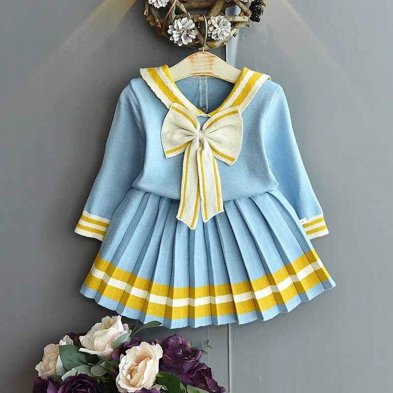 

Girls' Autumn Thin Set Children's Cute Academy StylevBowknot Collar Pleated Skirt Set One piece consignment