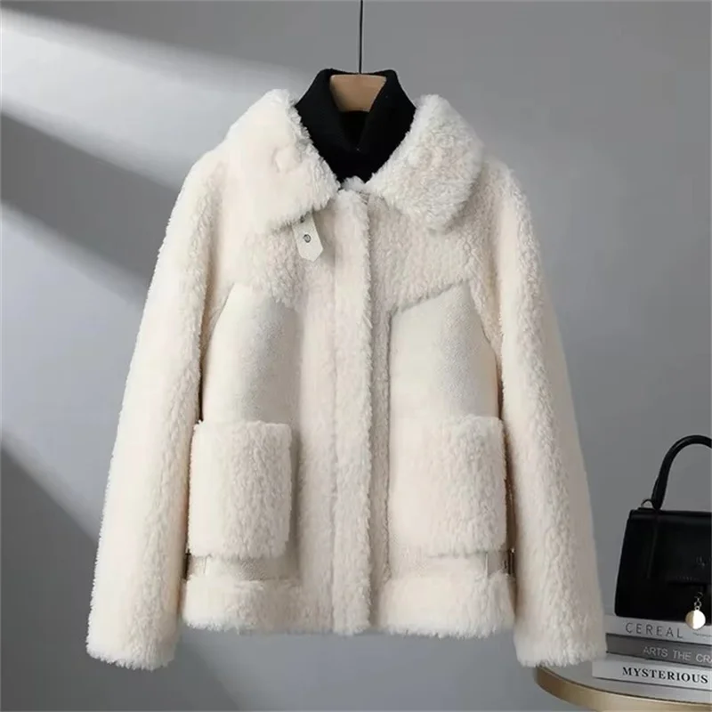 2025 New Winter Short Lambswool Jacket Women Fashion Granular Shearling Coat Female Turndown Collar Zipper Outerwear Ladies Tops