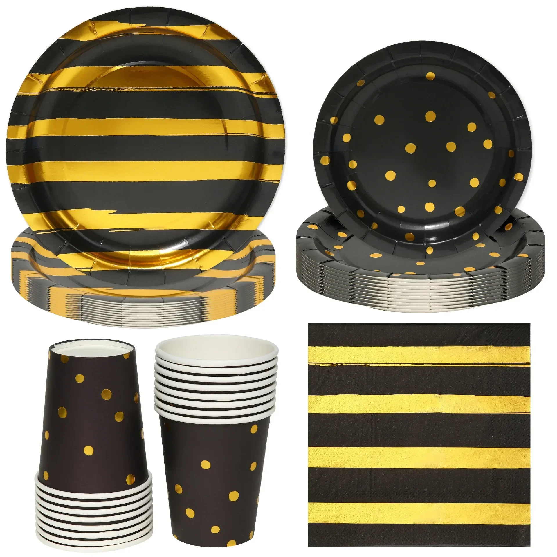 

Black Gold Stripe Disposable Tableware Black Gold Dots Plates Cups Napkins Adults Happy 30th 40th 50th Birthday Party Decor