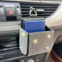 Car Storage Bag Air Vent Dashboard Tidy Hanging Leather Crystal Organizer Box Glasses Phone Holder Auto Storage Organizer