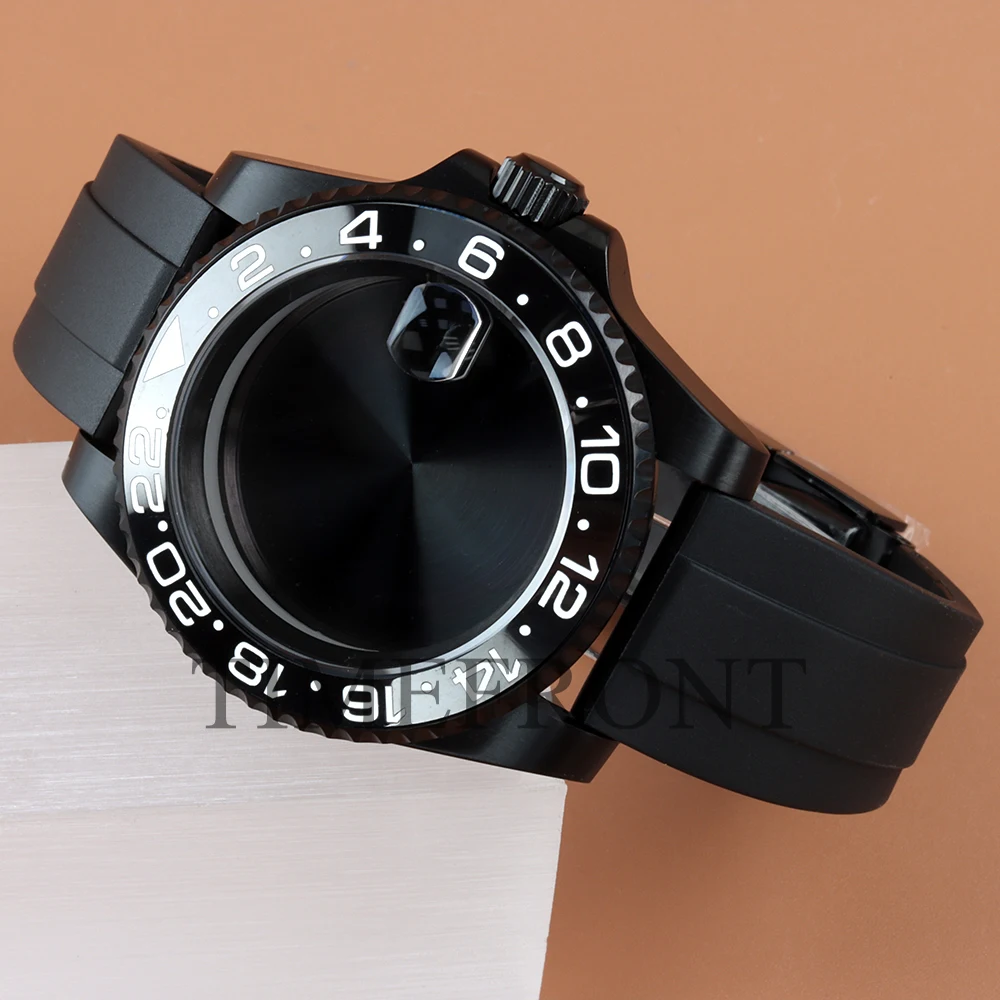 40mm NH35 Black PVD Watch Case Fit GMT Move Uni-directional Bezel For NH34 NH35 NH36 NH38 Movement 28.5mm Dial Rubber Watchband