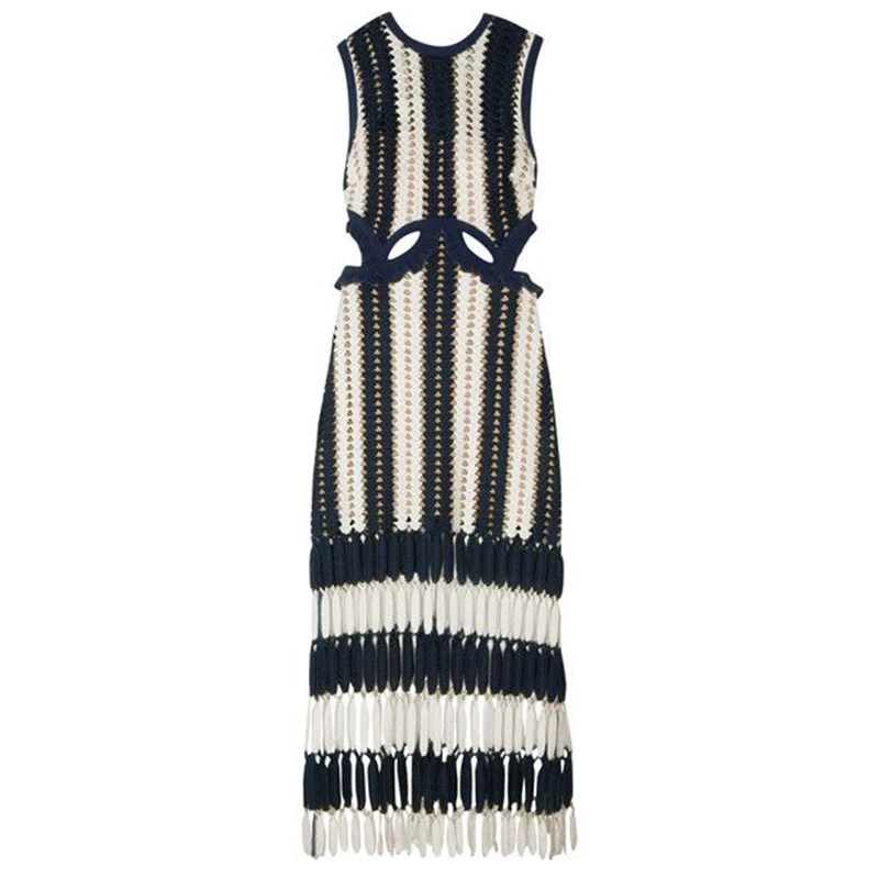 HANZANGL Women Dresses Knitted tank dress white blue patchwork striped tassel crochet casual beach Dress high quality