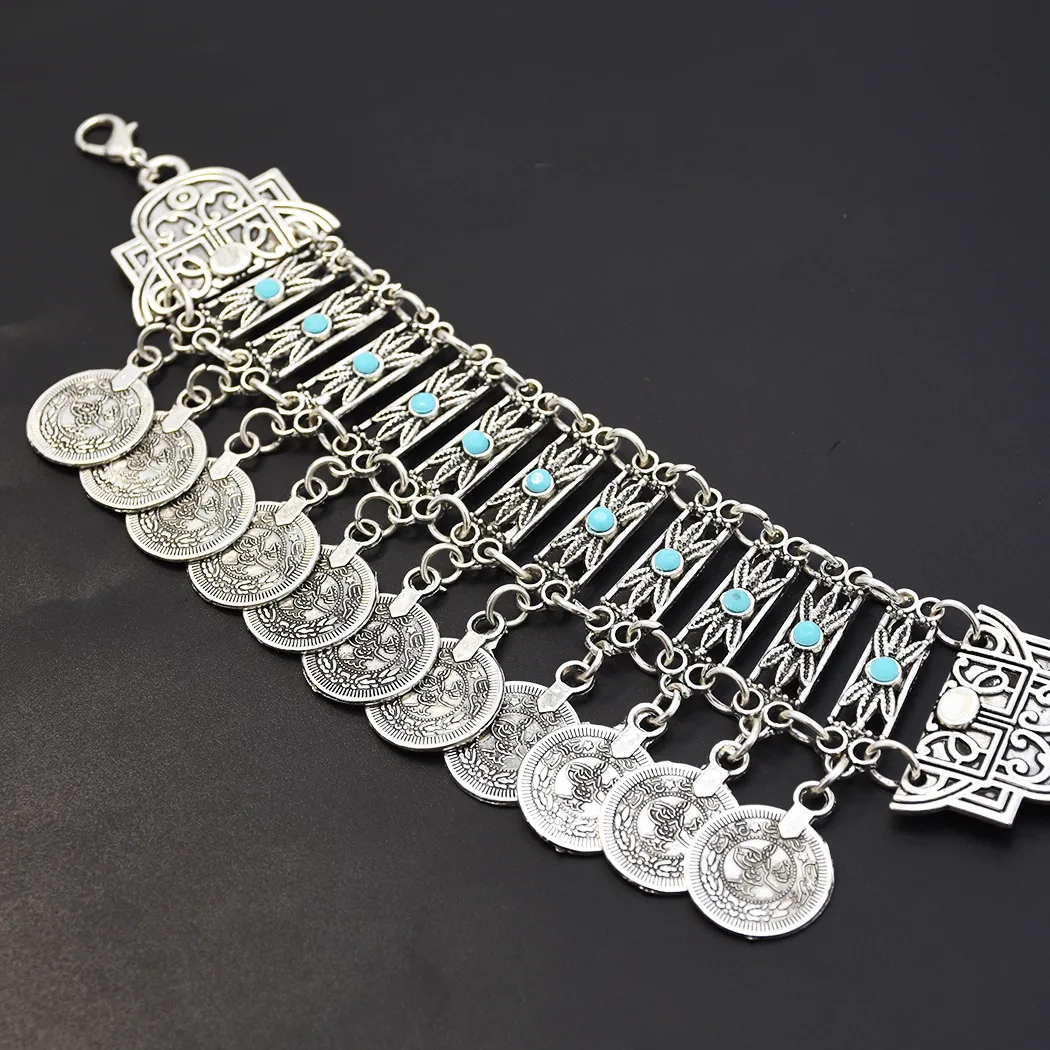 Vintage Silvery Color Tibet Carved Charm Bracelet For Women Men Butterfly Coin Bangles Gypsy Ethnic Turkish Afghan India Jewelry