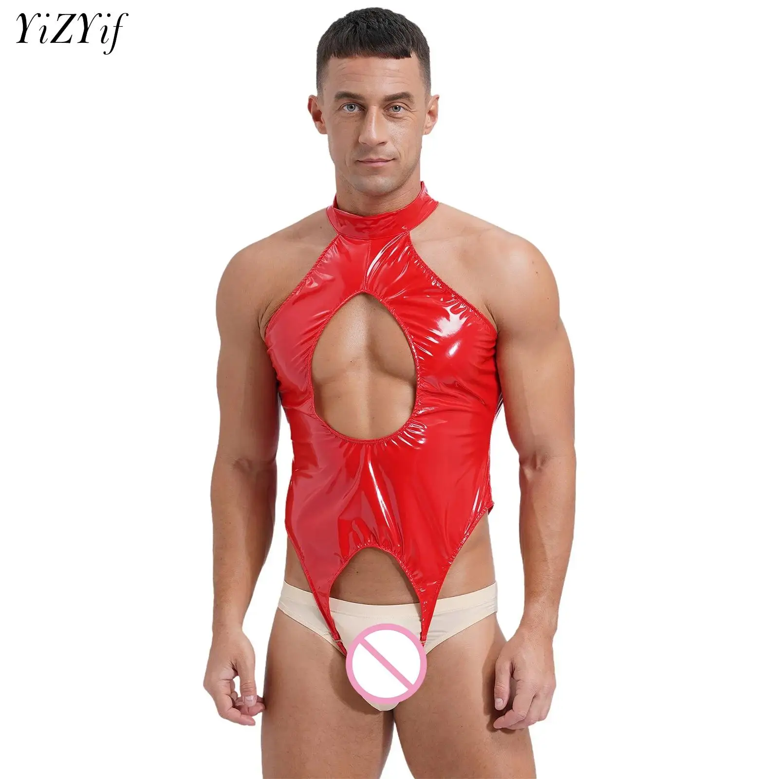 Mens Lingerie Latex Catsuit Wetlook Patent Leather Bodysuit One-piece Tempting Cut Out Crotchless Leotard Bodysuit Underwear