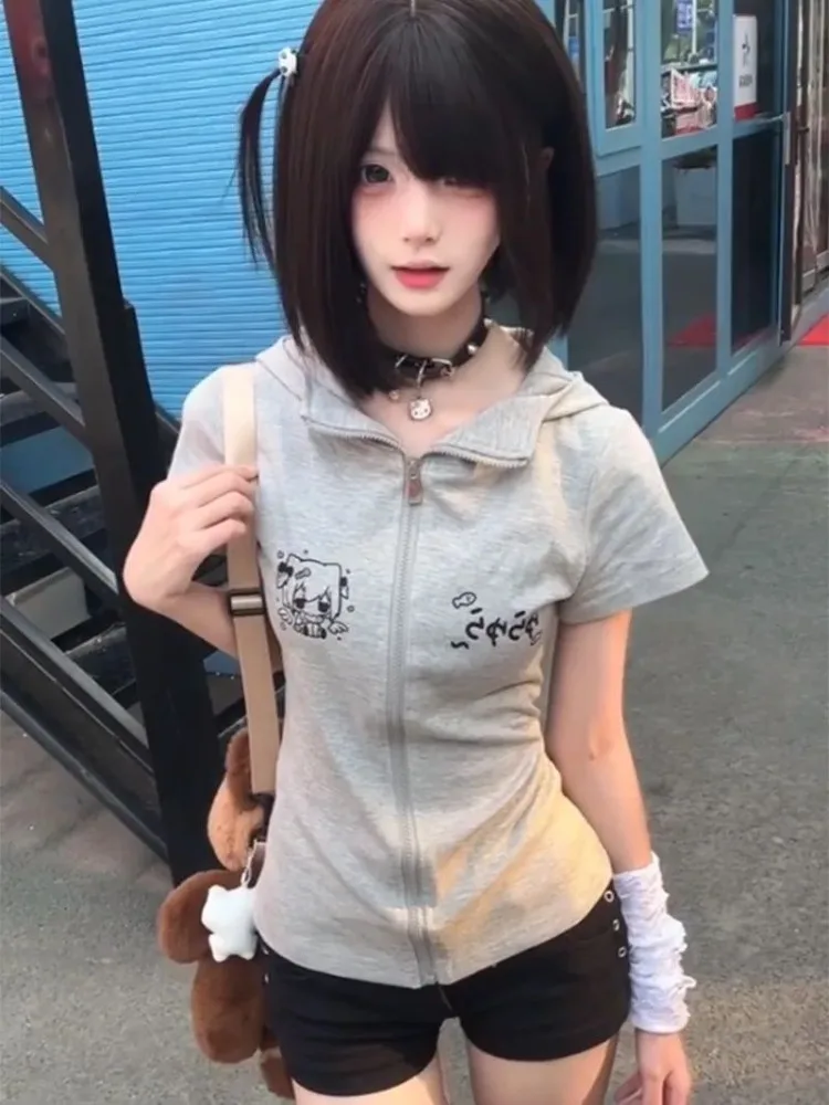

Harajuku Cute Cat's Ears Hoodie Sweatshirts 2025 Summer New All-match Coat Women Y2k Short Sleeve Slim Fit Zipper Tops Mujer