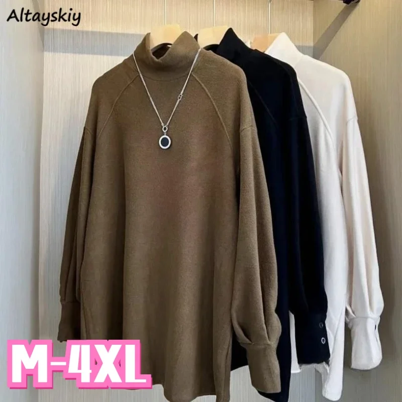 M-4XL Autumn Winter Pullovers Women Velvet Solid Mock Neck Basic Loose Thick Warm Female Simple Soft Tops Baggy Vintage Daily