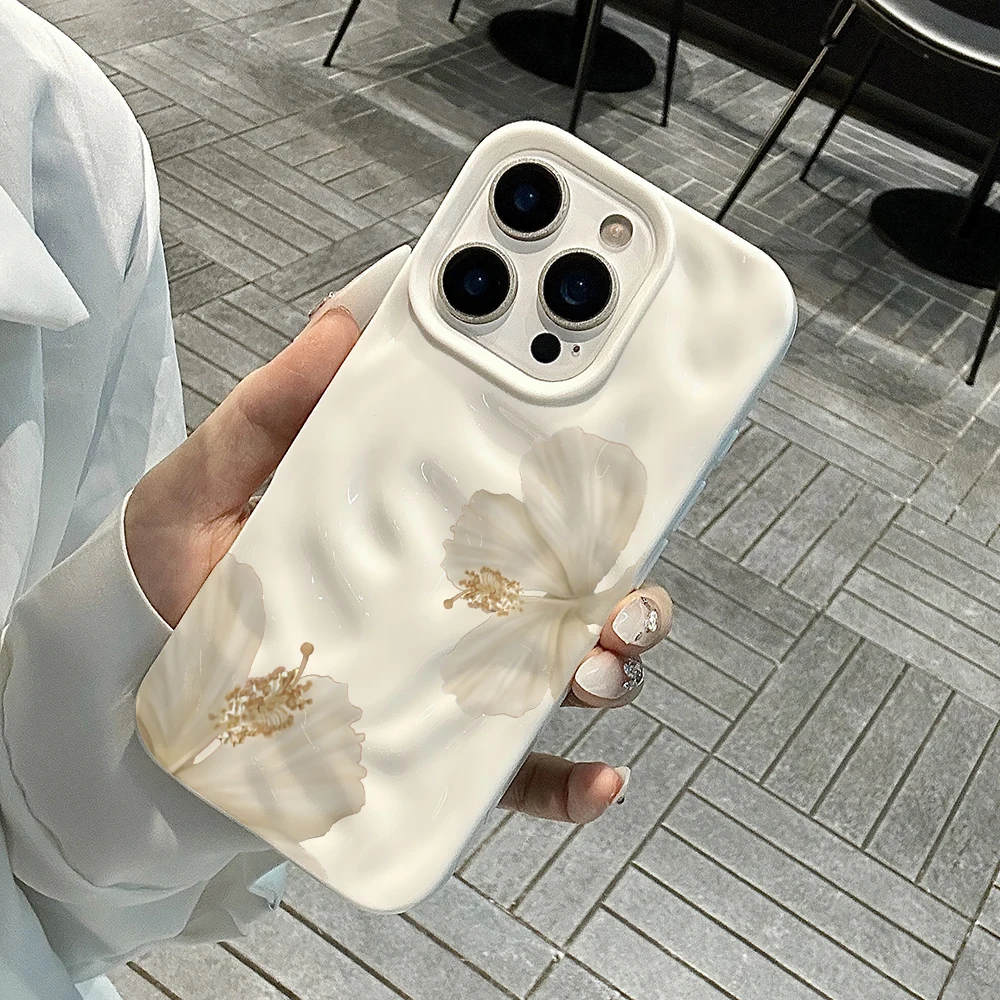 Koreanische Frühlings-Hibiskus-Druck-Handyhülle für iPhone 17 16 15 14 13 12 11 Pro Max 14 Plus 17Air Falten-Wellen-Soft-Silikon-Cover – Detail 4