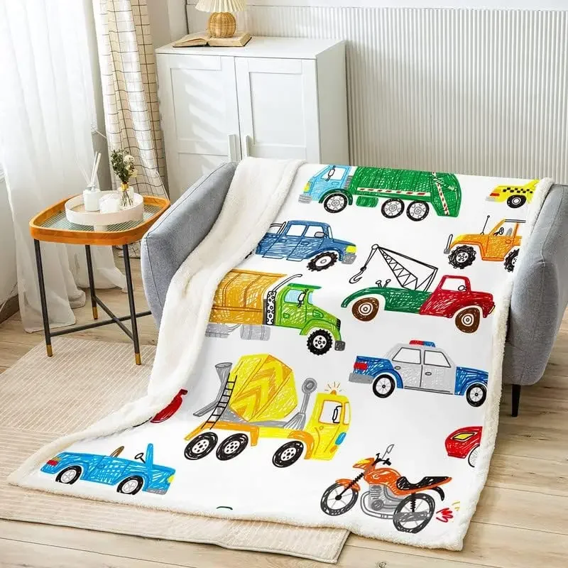 

Cartoon Equipment Trucks Sherpa Blanket Kids Excavator Tractor Fleece Throw Blanket Decor Construction Vehicles Plush