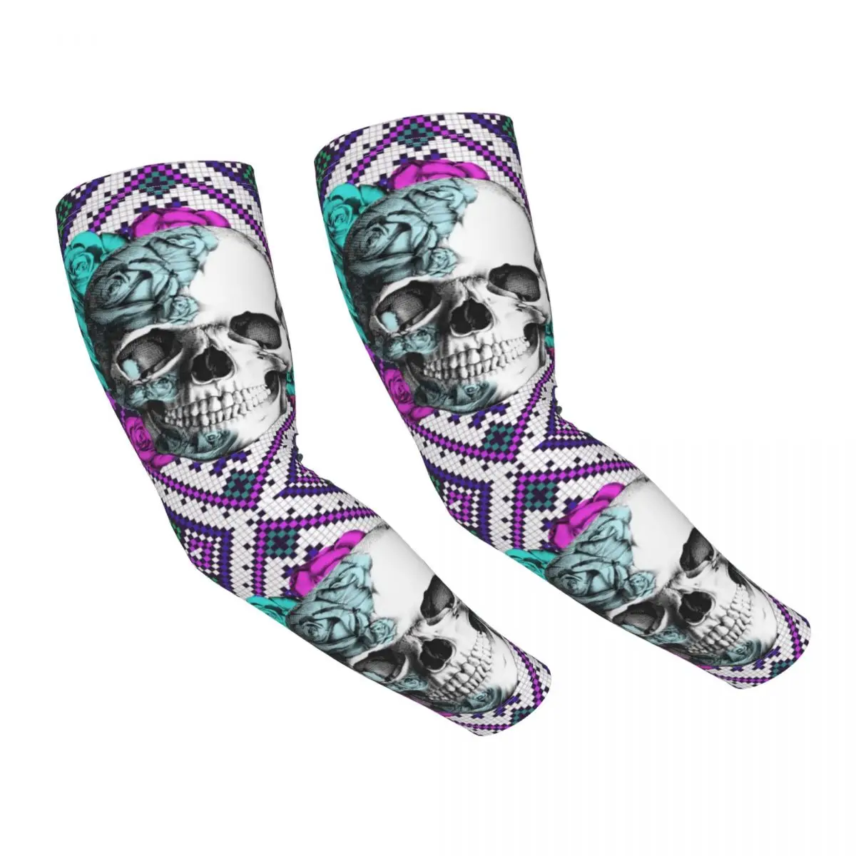 Aztec Rose Skull In Purple And Teal Arm Sleeves Warmer Women Men Day Of The Dead UV Sun Protection Tattoo Cover Up