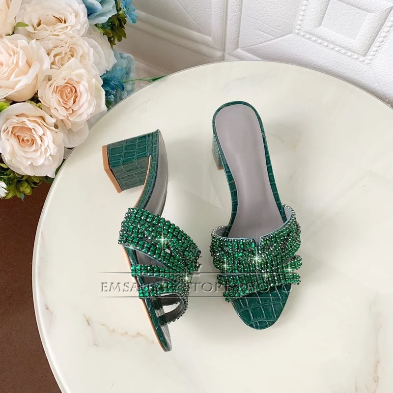 Diamond Rhinestone Banquet Shoes Woman Genuine Leather Med Hoof Heel Sexy Open Toe Slim Summer Sandals Women