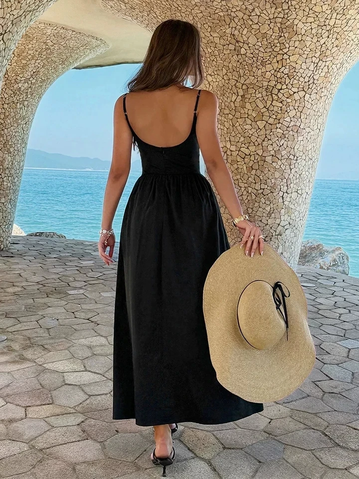 

Summer Beach Vacation Swing Maxi Dress Sexy Sleeveless Backless Pure Color Dress Fashion U Collar Lace Floral Pleated Dress