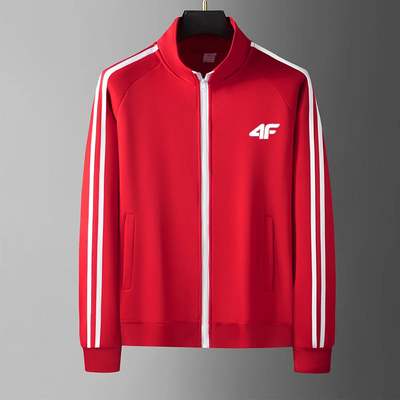 Men Casual Sports Track Jacket Stand Collar Full Zip 3 White Stripes Long Sleeve Sportswear Male Gym Running Training Outer Coat