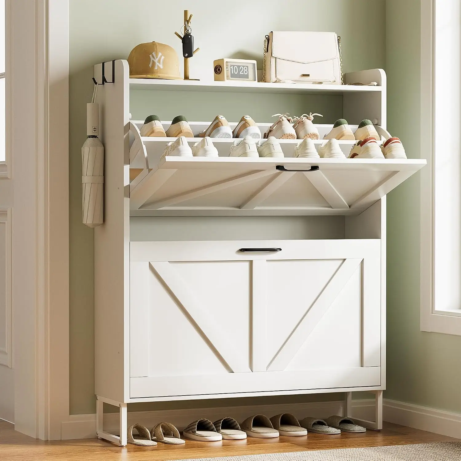 Shoe Storage Cabinet for Entryway, 2 Flip Drawers Shoe Organizer, Elegant 2-Tier Freestanding Shoe Cabinet with, Customized