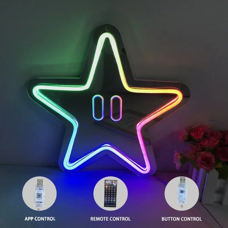 Flicker Star Lights Colorful LED Neon Sign Five-pointed Star Shape Party Christmas Decoration Mirror Neon Light for Wall Decor