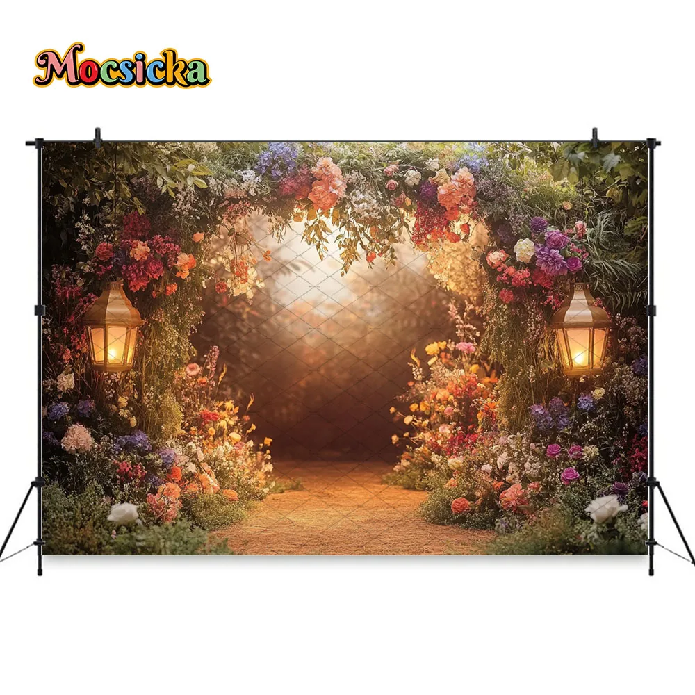 Mocsicka الملونة الأزهار الكرمة خلفية التصوير قوس فانوس الدافئة مضاءة رومانسية خلفية زوجين الزفاف صورة استوديو الدعامة #4