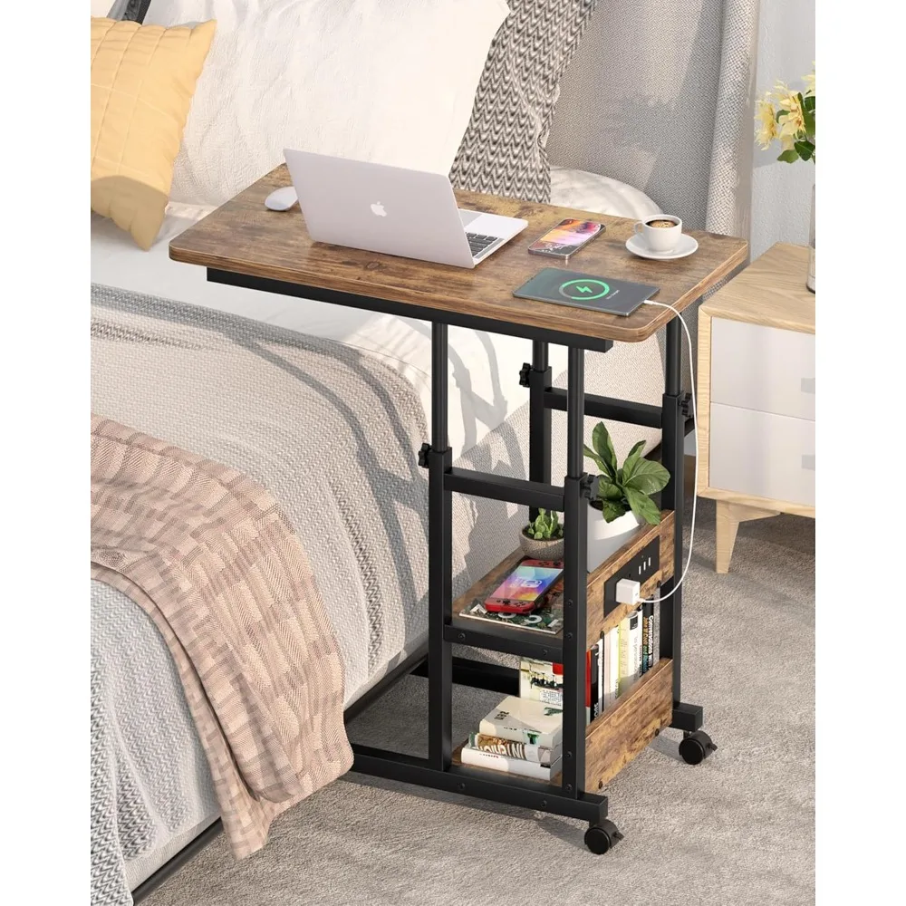 

Height Adjustable C Shaped End Table with Charging Station, Mobile Laptop Side Table with USB Port and Wheels