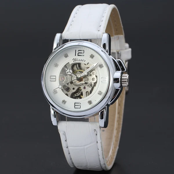 

Fashion Winner Top Brand Elegant Women Skeleton Diamond Dazzle Dial Classic Leather Waterproof Mechanical Casual Automatic Watch