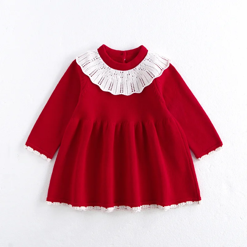 MILANCEL1-5Y Kids Clothes  Ruffle Collar Dress For Girls Knit A Line Red Dress Girls Knitwear