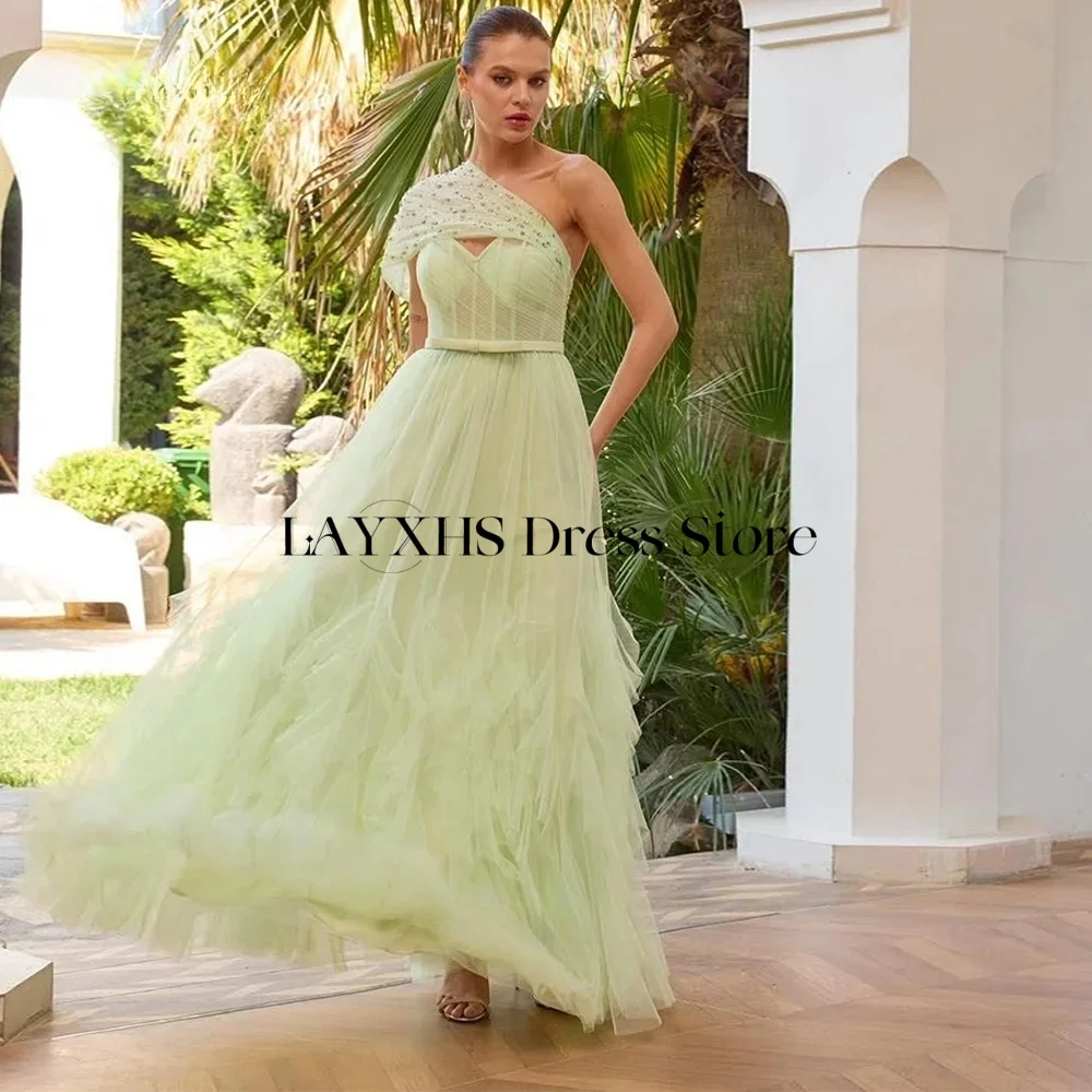 LAYXHS Modisches One-Shoulder-Abendkleid, Tüll, A-Linie, Perlenschärpen, Rüschen, Heimkehrkleid, maßgeschneidert