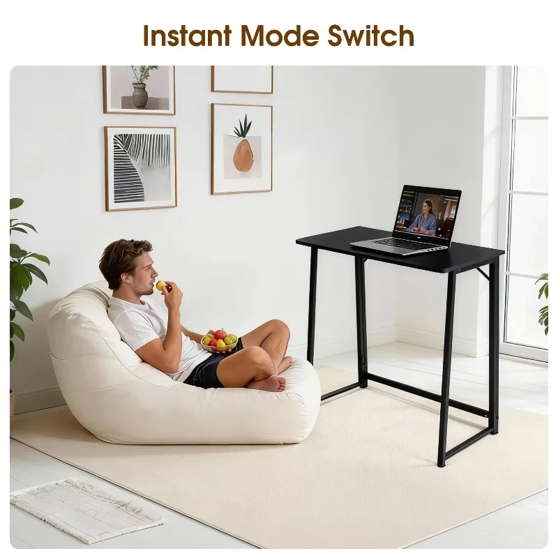 Folding Office Computer Desk 31.5 Inch Metal Frame Easy Assembly Compact Foldable Writing Workstation For Home PC Table