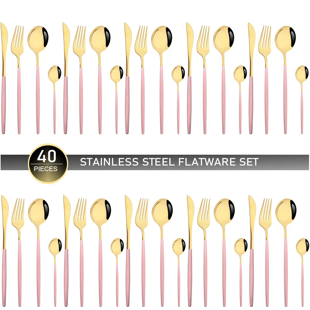 Pink Gold 40Pc Knife Fork Spoon Teaspoon Cutlery Set Mirorr Stainless Steel Dinnerware Western Restaurant Kitchen Silverware Set