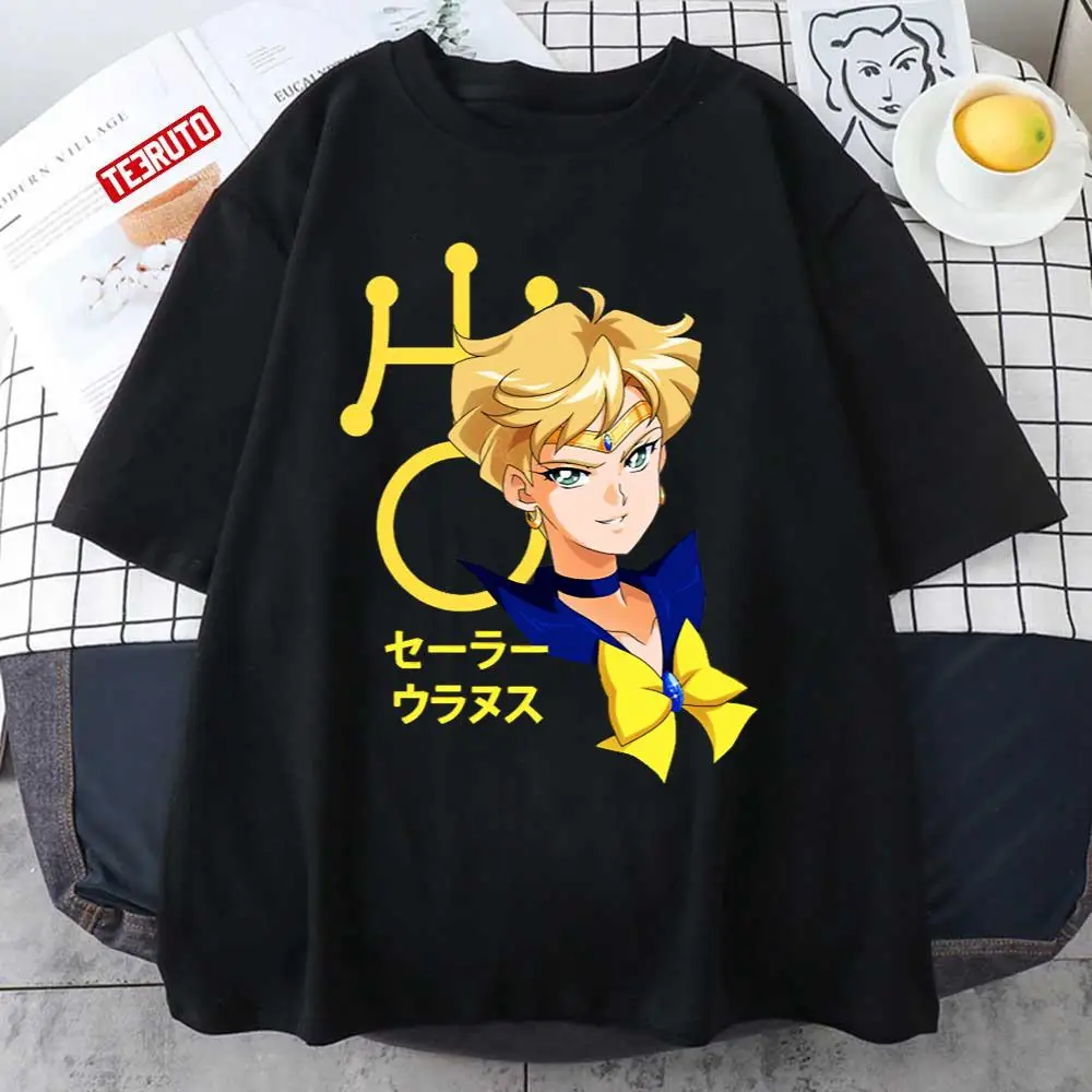 2026 Sommer Sailor Uranus Herren T-Shirt, Schwarzes Planeten-Symbol Grafik 100% Baumwolle Übergroßes Atmungsaktives Lässiges Kurzarm-Shirt
