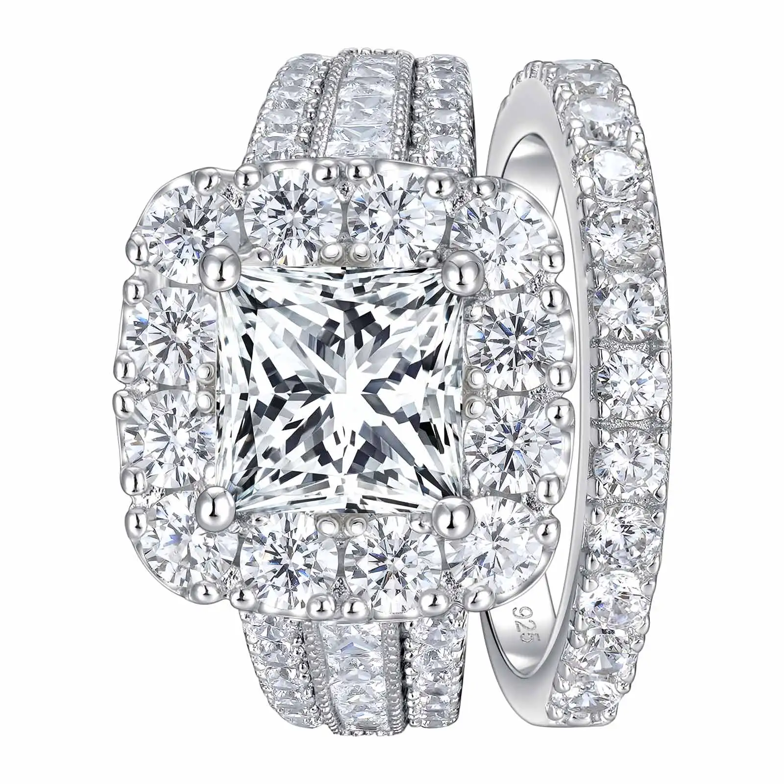 Newshe 2Pcs 925 Silver Wedding Rings Set for Women Halo Princess Cut White Cubic Zircon Vintage Luxury Jewelry Engagement Ring image 3