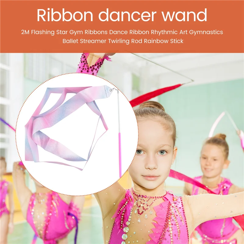 【Flash Sale】2M Flashing Star Gym Ribbons Dance Ribbon Rhythmic Art Gymnastics Ballet Streamer Twirling Rod Rainbow Stick