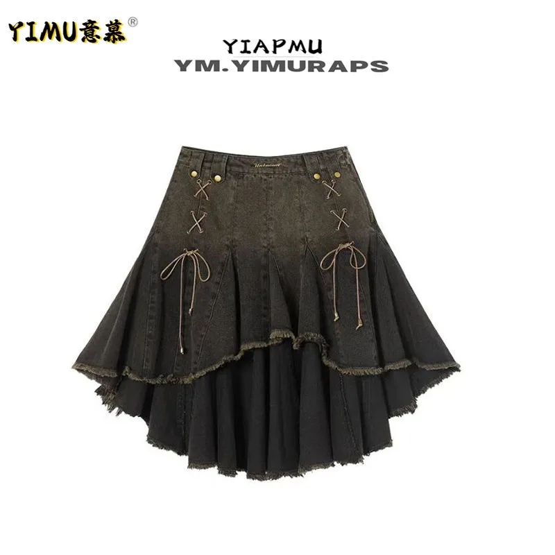 

Retro Black Irregular Gradient Denim Bustier Skirt Women Summer High Waist Ruffled A-line Half-body Skirt Fashion Y2K Mini Skirt