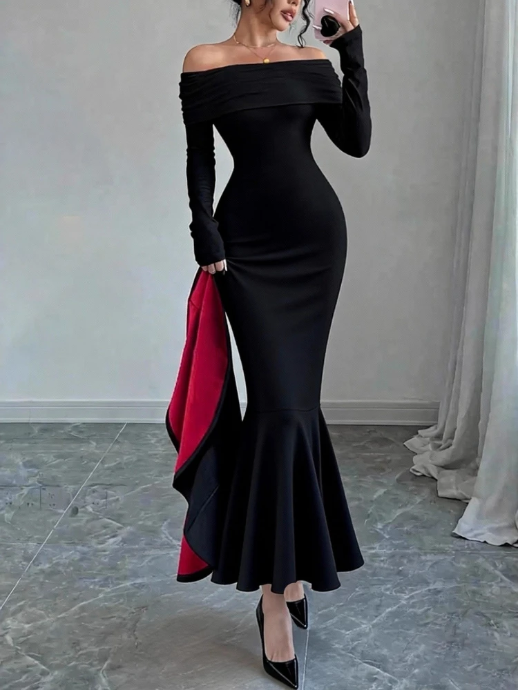

Женское черное платье макси с открытыми плечами, весна 2026, новинка, с длинным рукавом, силуэт «русалка», элегантное платье, приталенное, для вечерних выходов