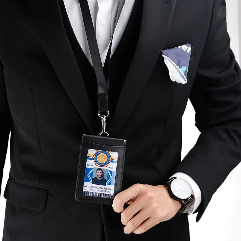 High Quality Genuine Leather ID Card Set Sleeve Holder Case Badge Clear Bank Credit Card Clip Badge Holder Accessories