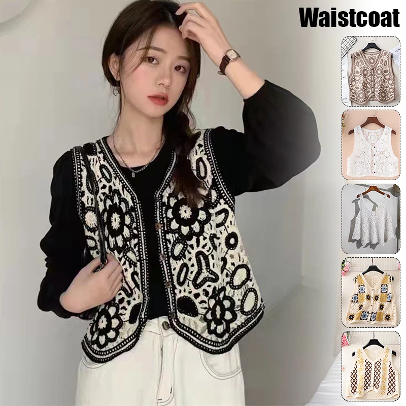 

Flower Hollow Out Sweater Vest Autumn Women Vest Embroidery Vintage Knitted Crochet Vest Female Jumpers Waistcoat Top Pastoral