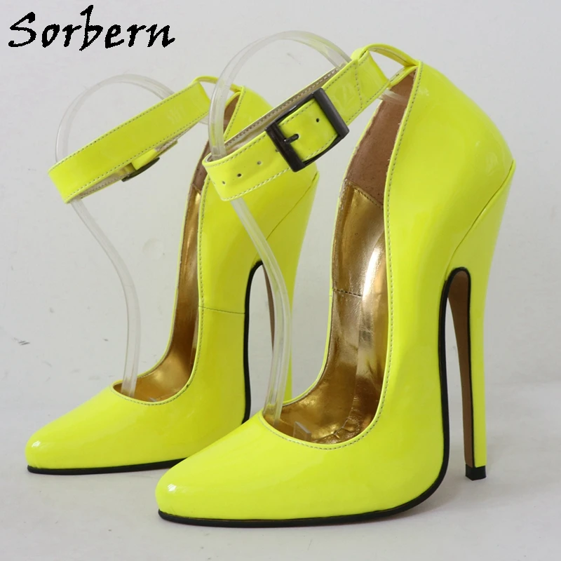 Sorbern Neon 16Cm High Heel Women Pump Shoes Stilettos Wide Ankle Strap Pointed Toe Sissy Boy Fetish Arch Heeled Footwear