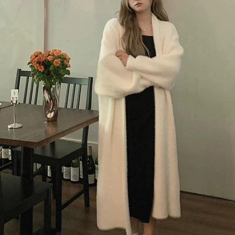 Fluffy Long Cardigan Women Winter Elegant Korean Solid Coat Sweet Long Sleeve Loose Office Lady Midi Knitted Sweater Outwear