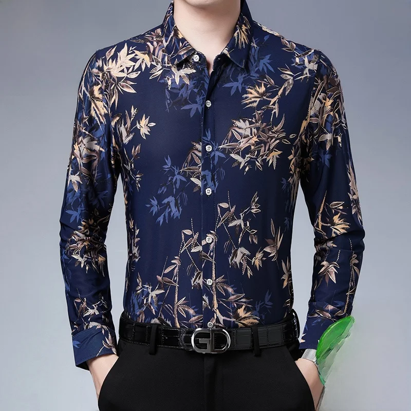 

Весенне-осенняя высококачественная шелковая рубашка с длинным рукавом и цветочным принтом для мужчин среднего возраста, повседневная, не требующая глажки