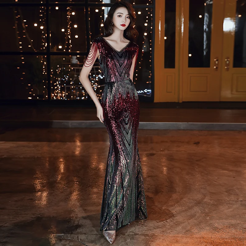 

Ele Long Fi Tail Evening Gown Women's Dr Sparkling Sequins Slimming Sexy Floor Length Ball Dr for Par And Wedding