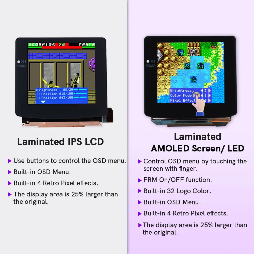 2024 Laminated OLED GBC LCD display  Touch screen OSD Menu RETRO PIXEL AMOLED Screen For GameBoy Color Customised shell Housing